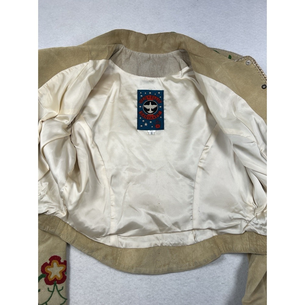Ren Ellis Santa Fe Beaded Suede Leather Jacket Size 10 Tan Snap Front Lined - Picture 6 of 15